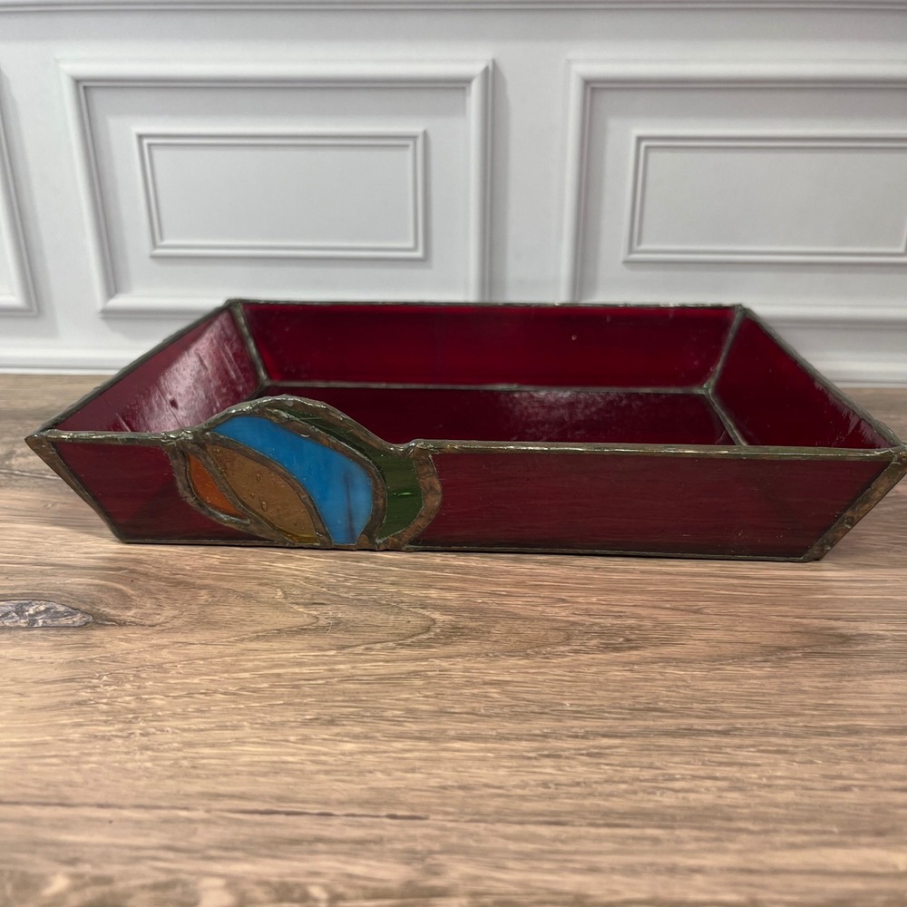 Stained Glass Vanity Catch Tray Red Art Deco Floral Catchall‎ Dish